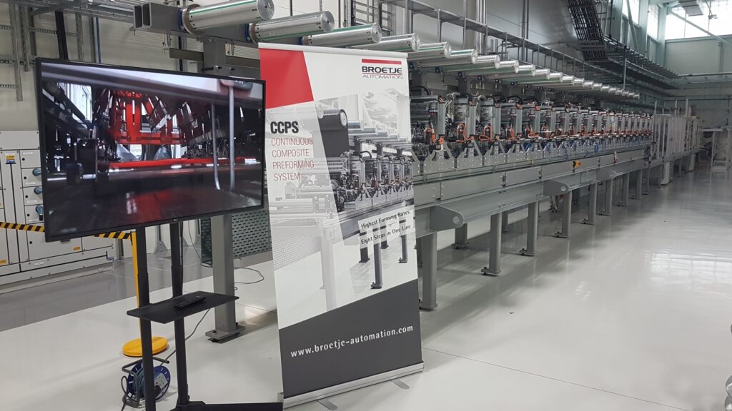 The Continuous Composite Preforming System (CCPS) developed by Broetje-Automation integrates all work steps required for continuous, thus highly efficient preforming on a length of 44 m.